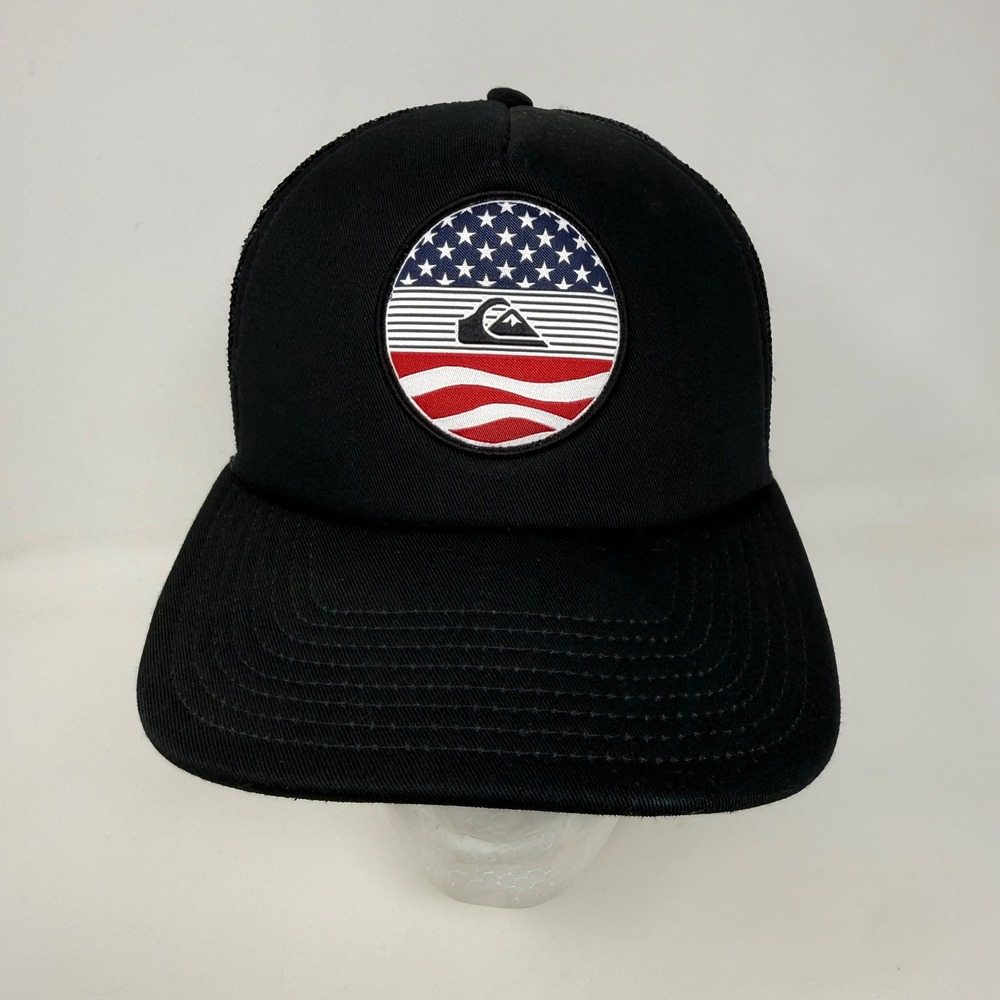 Quiksilver Mens Black Trucker Hat American Flag Logo Patch Snapback Cap OSFM